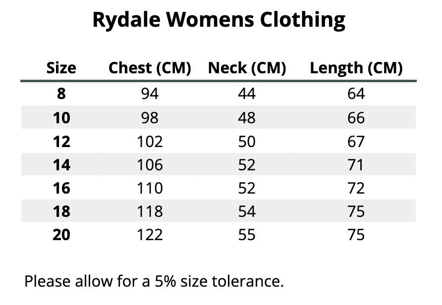 2025 Rydale Womens Clothing  Größentabelle
